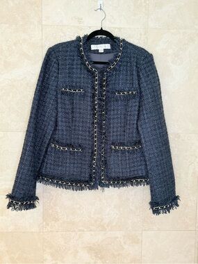 Boston Proper Navy Blue Tweed Jacket Navy Fringe Trim Size 16 EUC